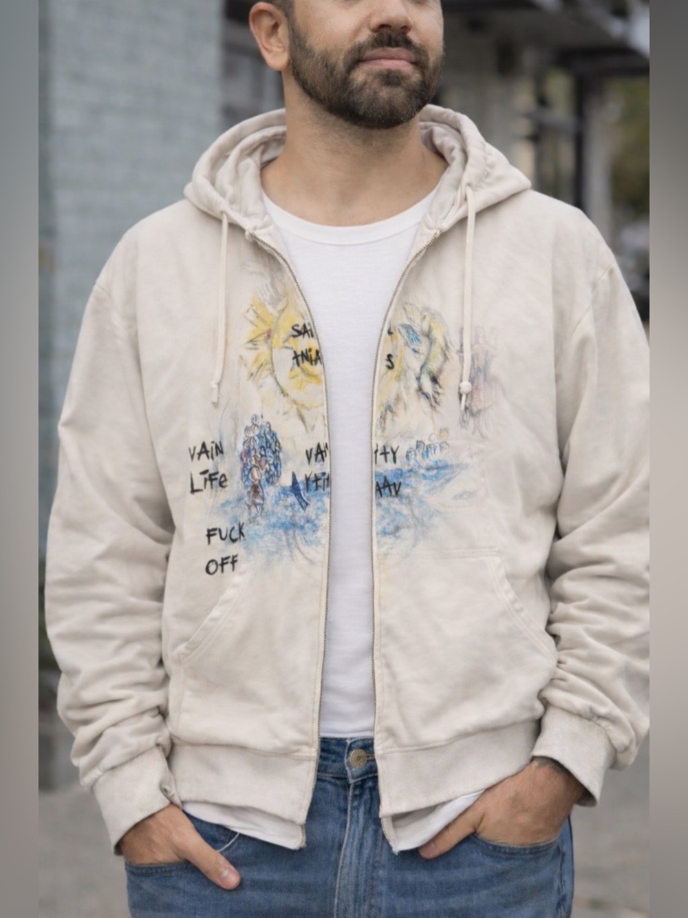 SAINT VANITY VAIN LIFE HOODIE "CREAM" SPLIT FRONT MEN SIZE XL Y2K